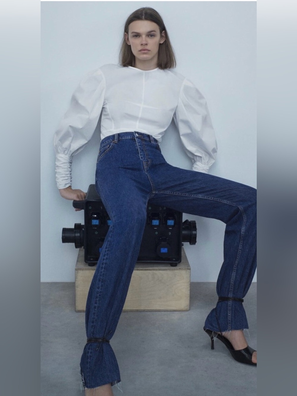 ZARA WOMAN FULL POPLIN TOP BALLOON SLEEVES WHITE, size L